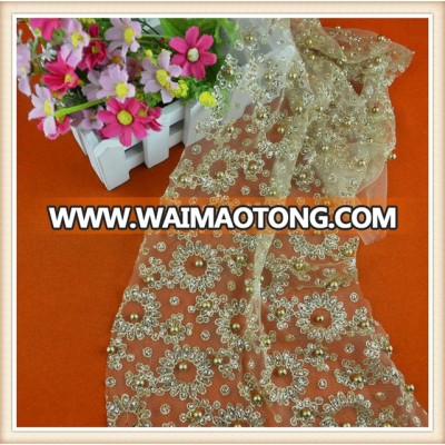 Hot sale gold beaded lace fabric wholesale african net lace fabric for dress