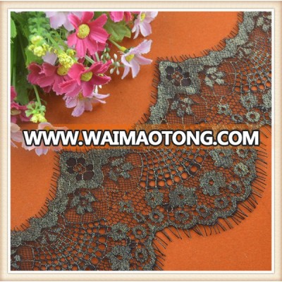 Popular black polyester eyelash lace trim with gold lurex double scalloped for garment/dress wholesale