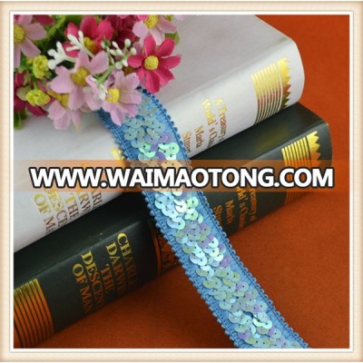 New arrival blue beaded lace trim/stretch band with sequin custom for garment wholesale